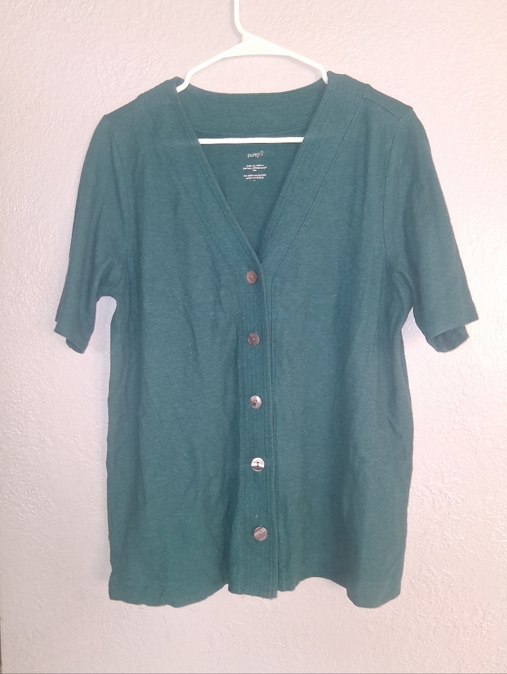 J Jill Pure Jill  Button Down Short Sleeve Hemp Cotton Blend Green Valley L